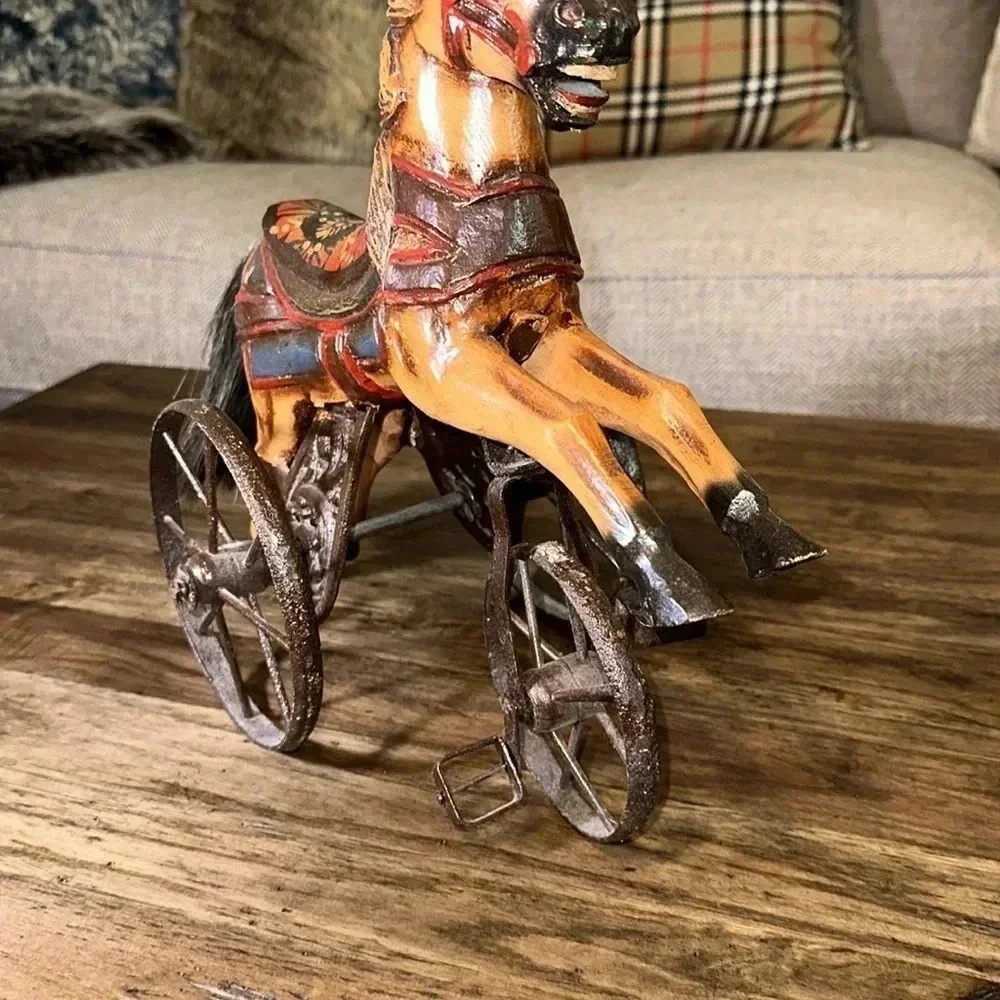 Antique/Vintage Wooden Horse Tricycle Decorative Accent Beautiful Iron Wheels - Picture 7 of 17
